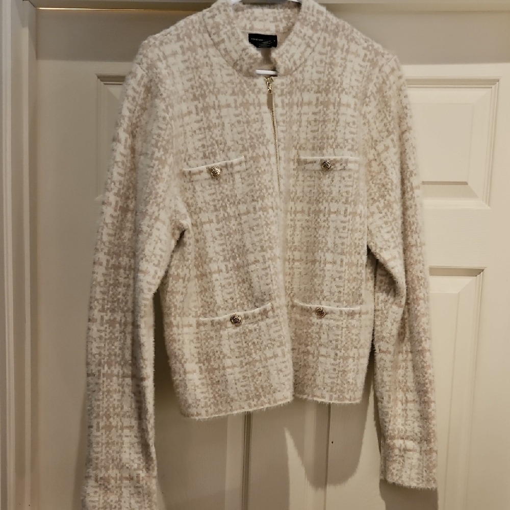 Adrienne Vittadini Ivory Tweed Sweater Jacket